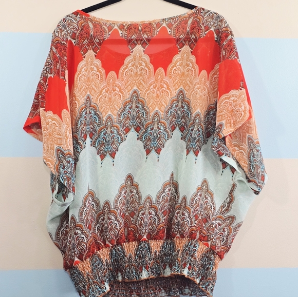 Allison Brittney Boho Coral, Orange & Aqua Paisley Dolman - Picture 6 of 6